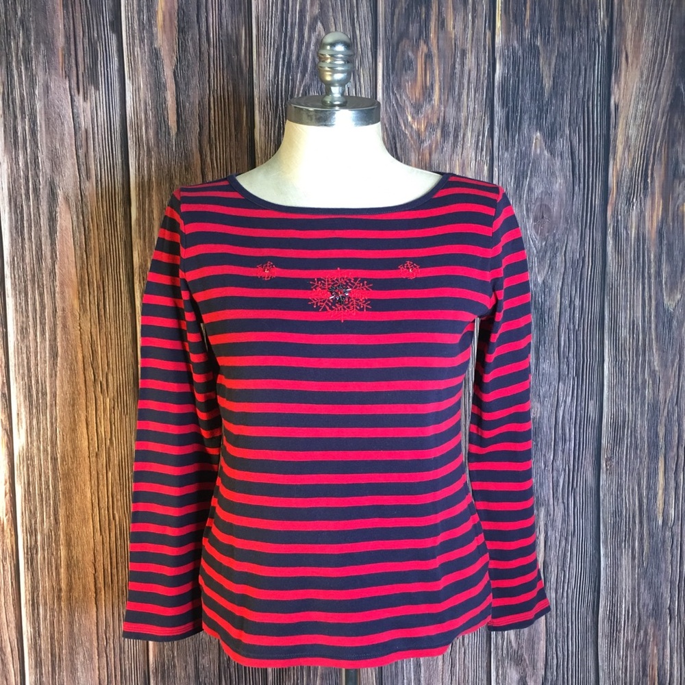 Talbots striped Res Blue Top M embellished 1009
